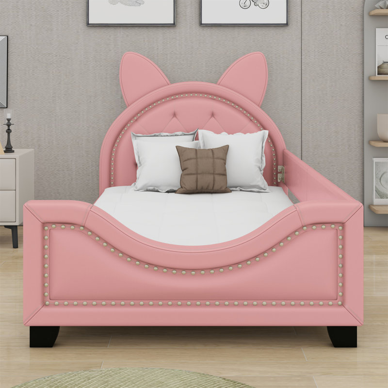 Upholstered Daybed With Carton Ears Shaped Headboard, Pink