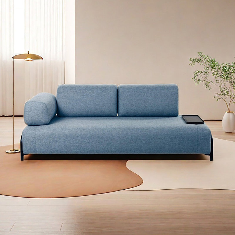 Larges chaises longues d'intérieur, tissu en coton et lin, Accoudoir à gauche (vu de face), Bleu-gris