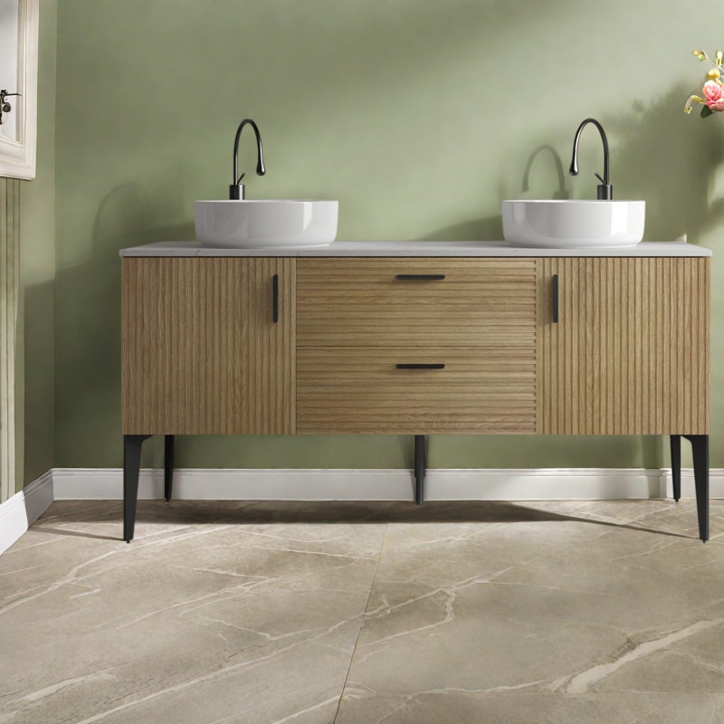Meuble-lavabo moderne en chêne avec lavabo en céramique, rangement spacieux pour les salles de bain