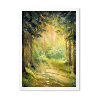 Le soleil brille à travers les arbres de la forêt - peinture sur toile