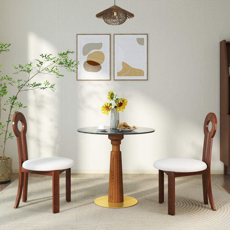 Table de salle à manger ronde moderne, table en verre trempé 33,5 po avec pieds en bois et base dorée