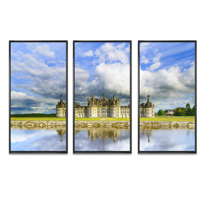 Château de Chambord, château et réflexion - mer et rivage, ensemble de 3 toiles d'art encadrées, H 20 po x l 36 po x P 1 po