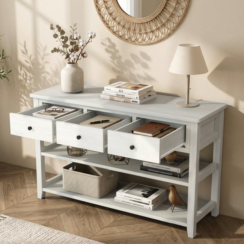 Nibbi 47" Console Table with Wood Frame and Legs, 3 Drawers and 2 Open Shelves Gray, Beige 
