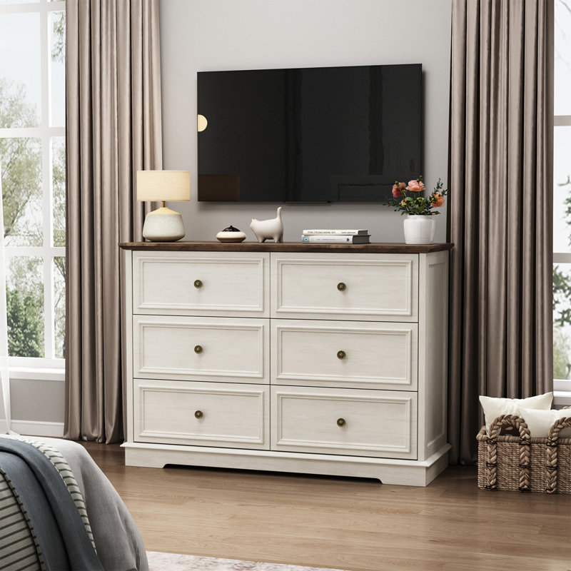 Commode double 6 tiroirs l 47,2 po Valera, Blanc/noyer