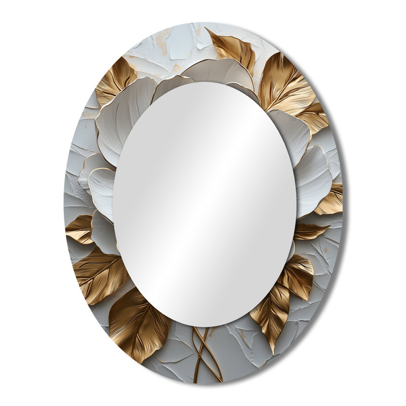Peony Blooming In Gold And White V - Floral Oval Decorative Mirror On Metal, 43" x 33"