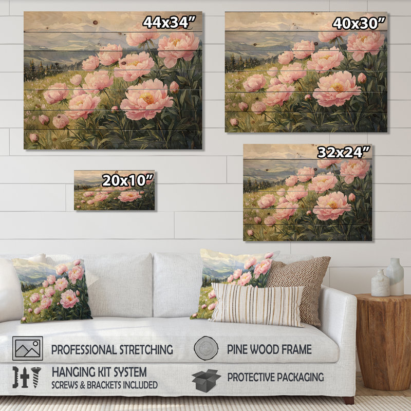 Pivoines dans les hautes prairies I - Art mural en bois pivoines - sur bois de pin naturel, H 30 po x l 40 po x P 0,78 po