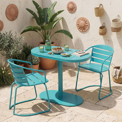 Ensemble bistro 3 pièces en fer avec table ovale et deux chaises à lattes pour le jardin ou le balcon