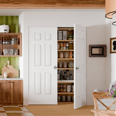 Interior Pantry Doors - White 6-Panels Design Double Standard Door Slab With Sliver Ball Handle Prefinished Solid Core Doors