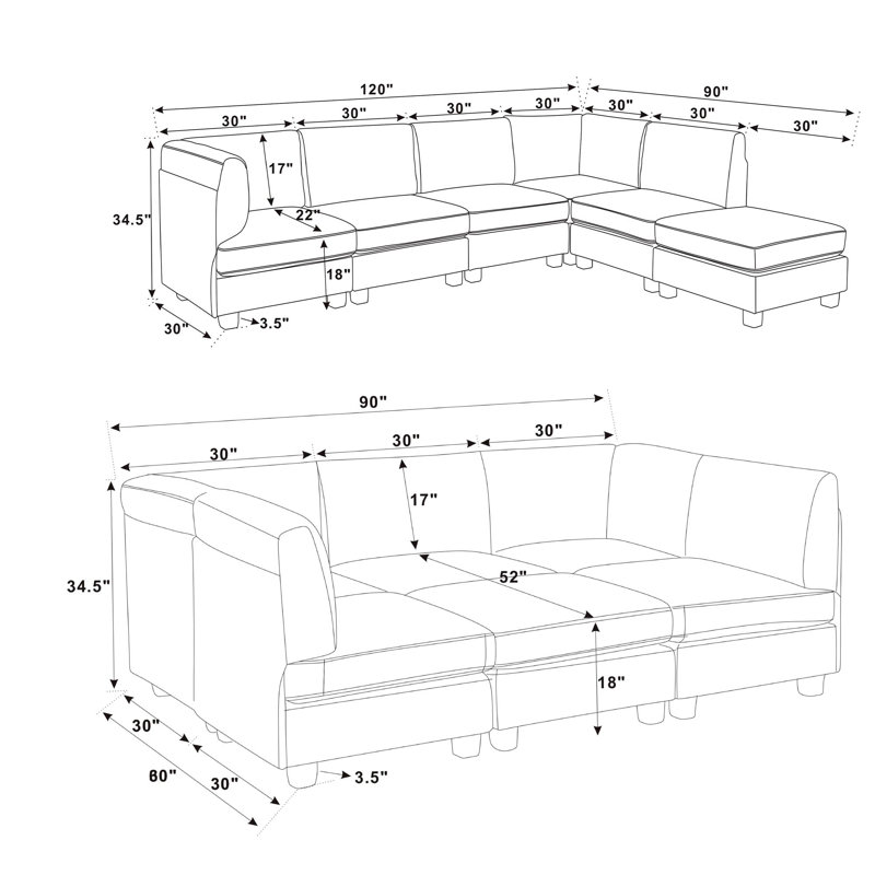 Canapé modulaire rembourré 120 po avec repose-pieds détachable 120 po, canapé d'angle en forme de L reconfigurable, canapé-lit modulaire rembourré à 6 sièges modernes pour salon d'appartement