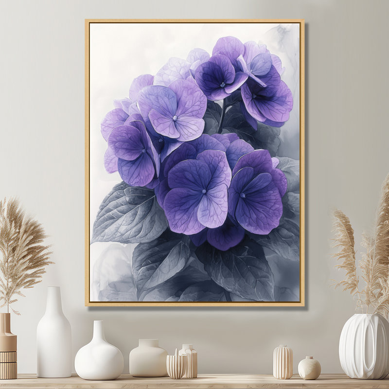 Purple Highlight Hydrangea I - Floral Wall Art Living Room, Floater Framed Print, Cream, 20" H x 12" W