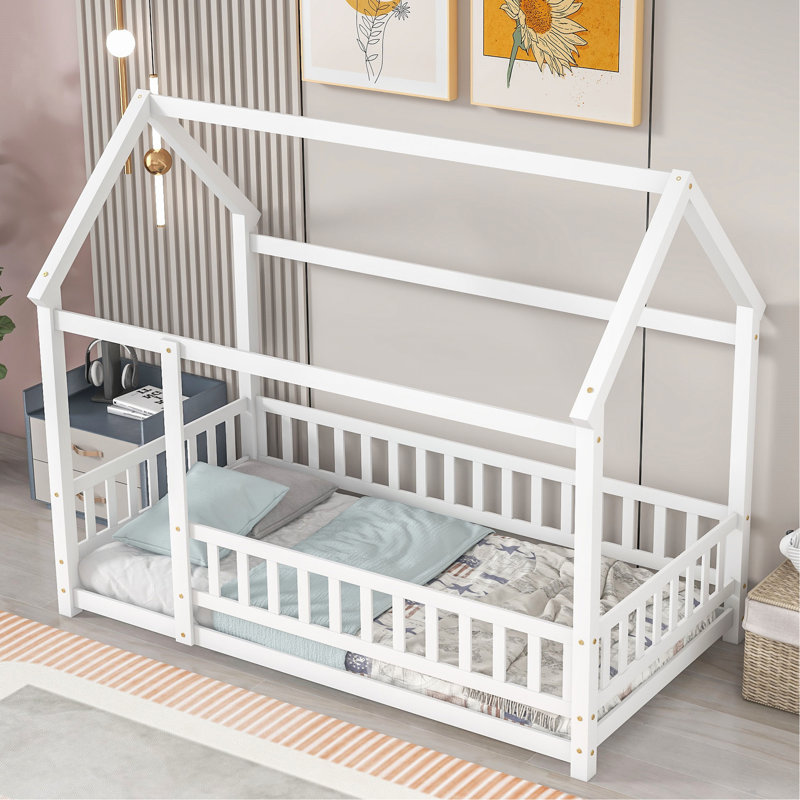 Thendara Floor Bed Frame, Wooden Platform Bed with House Roof Frame and Fence Guardrails, Twin, White