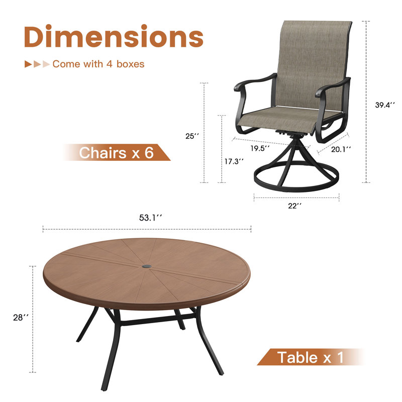 Aluminum Patio Dining Set with 53" Aluminum Round Dining Table and 6 PVC-coated polyester Swivel Dining Chairs