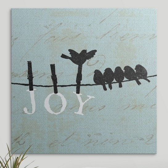 «Blue Birds on a Wire» «Birds on a Wire Square - Joy», reproduction d'art graphique par Alain Pelletier, Toile
