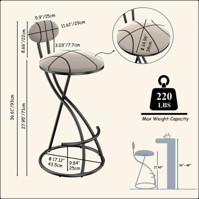 Ensemble de 2 tabourets de bar rembourrés avec tabourets rayés de hauteur comptoir en velours moderne pour îlot de cuisine, salon