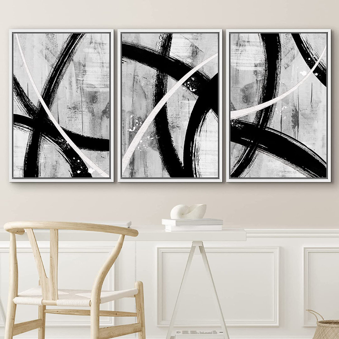 BAW " IDEA4WALL Framed Canvas Print Wall Art Set Black Gray White Geometric Paint Strokes Abstract Shapes Illustrations Modern Art Decorative Contemporary For Living Room, Bedroom, Office " 3 - Pieces IDEA4WALL Frame 