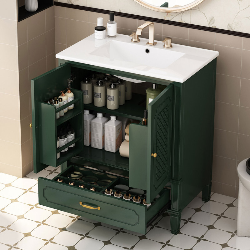 30" Bathroom Vanity With Sink Vintage Style, Multi-Functional Storage Space, Door Shelf, Soft-Closing Door, Green/Gold