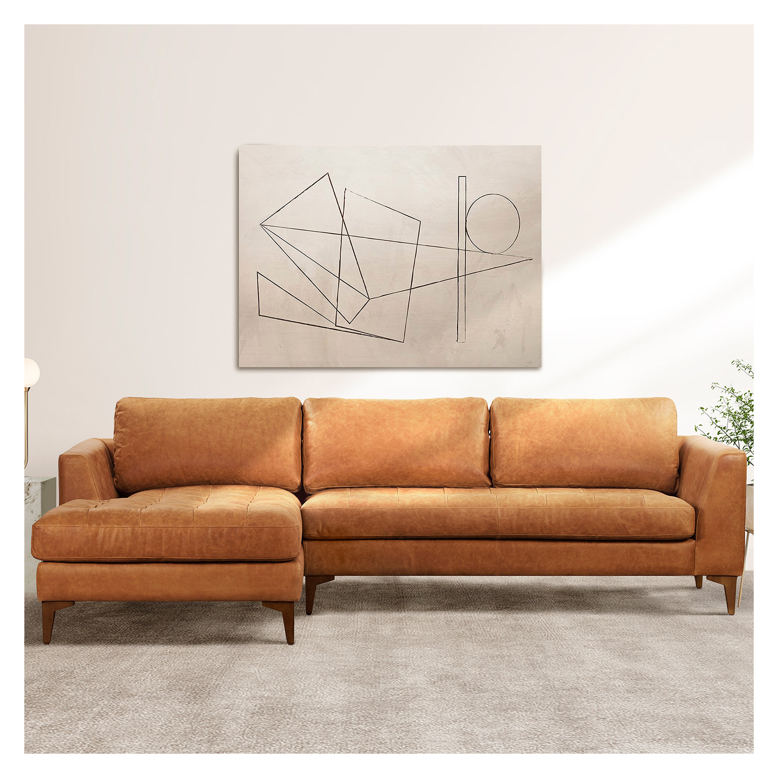  Full-Grain Genuine Italian Leather Sectional Sofa, Cognac Tan Genuine Leather, Walnut, Left Hand Facing
