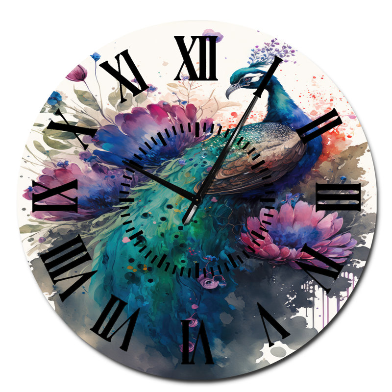 Horloge murale mignonne paon à motif floral I - animaux, Surdimensionné
