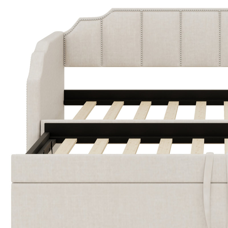Daybed with Upholstered Design, Pop-Up Trundle, Beige