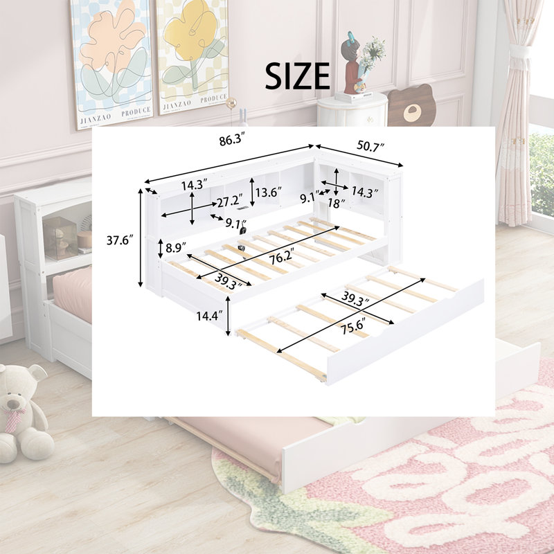 White Twin Daybed With Trundle – Storage Cabinets, USB Ports, Tool-Free Assembly, White