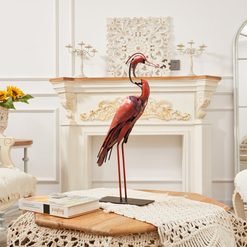 21"H Handmade Metal Heron Statue, 100% Hand-Painted Bird Figurine Décor, Rustic Handicraft Artwork For Bird Lovers