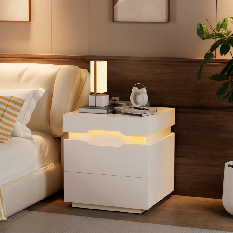 Emmakay Nightstand with Wireless Charging Station, LED Light and 2 Drawers, 2, Individual