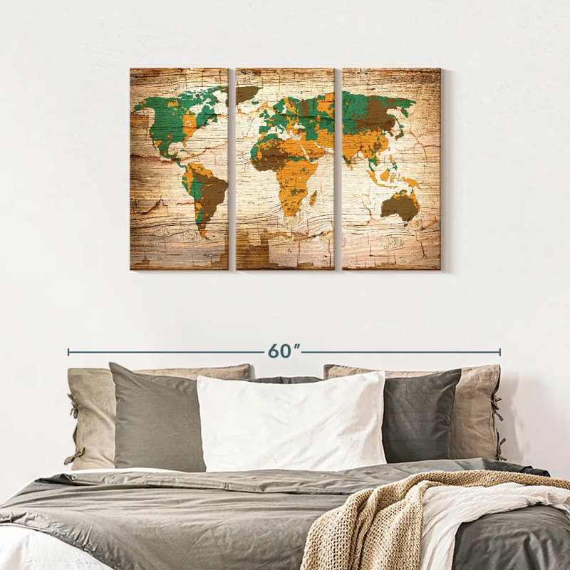 Carte du monde en bois Safari, carte du monde sur toile, 3 pièces, H 45 po x l 28 po x P 1,25 po