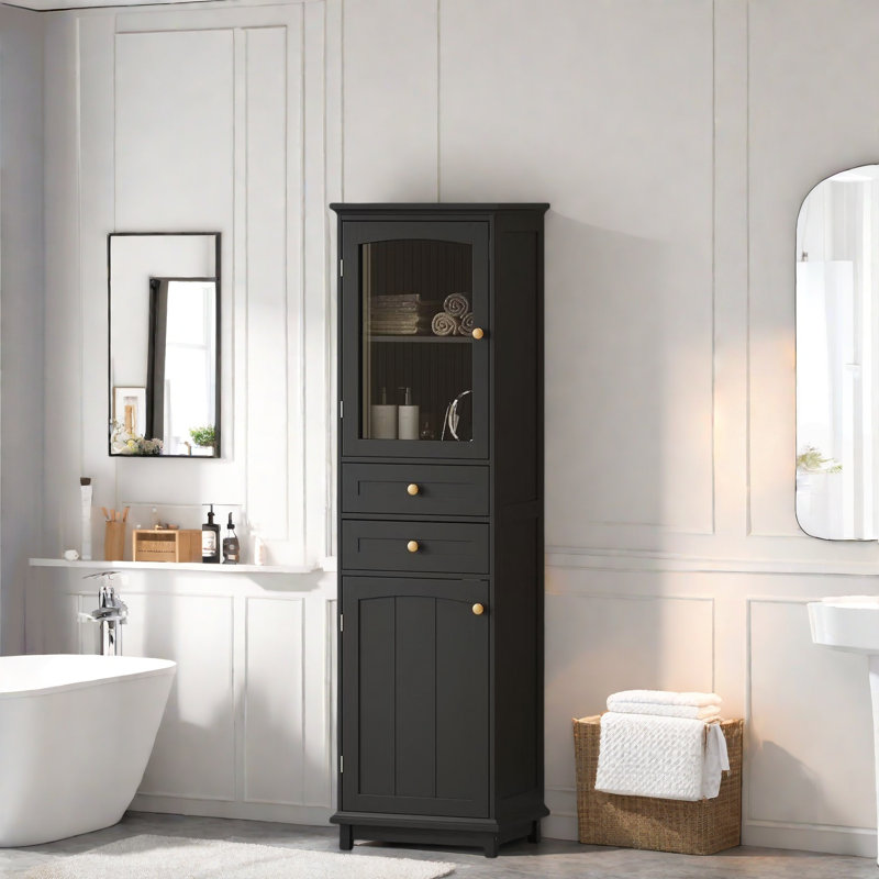 Bathroom Storage Cabinet With Glass Doors, 2 Drawers, And Adjustable Shelves, Black
