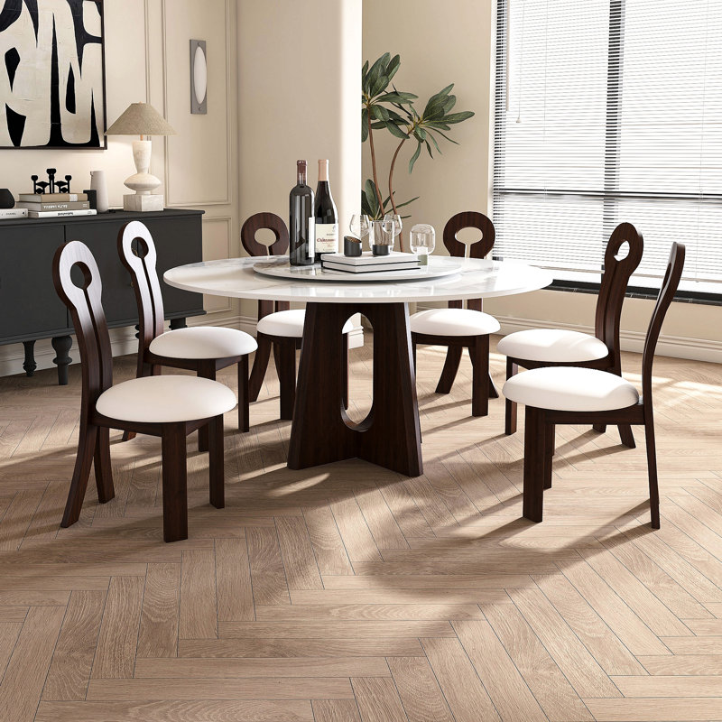 Table de salle à manger moderne en marbre, table de salle à manger ronde en pierre frittée avec base en bois de noyer massif, conception en croix robuste