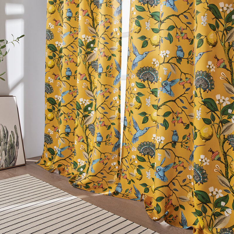 Fancy Hummingbird Patterned  Room Darkening Curtain,Rod Pocket Back Tab Floral Drapes,Set of 2, 52" W x 90" L, Mustard Yellow