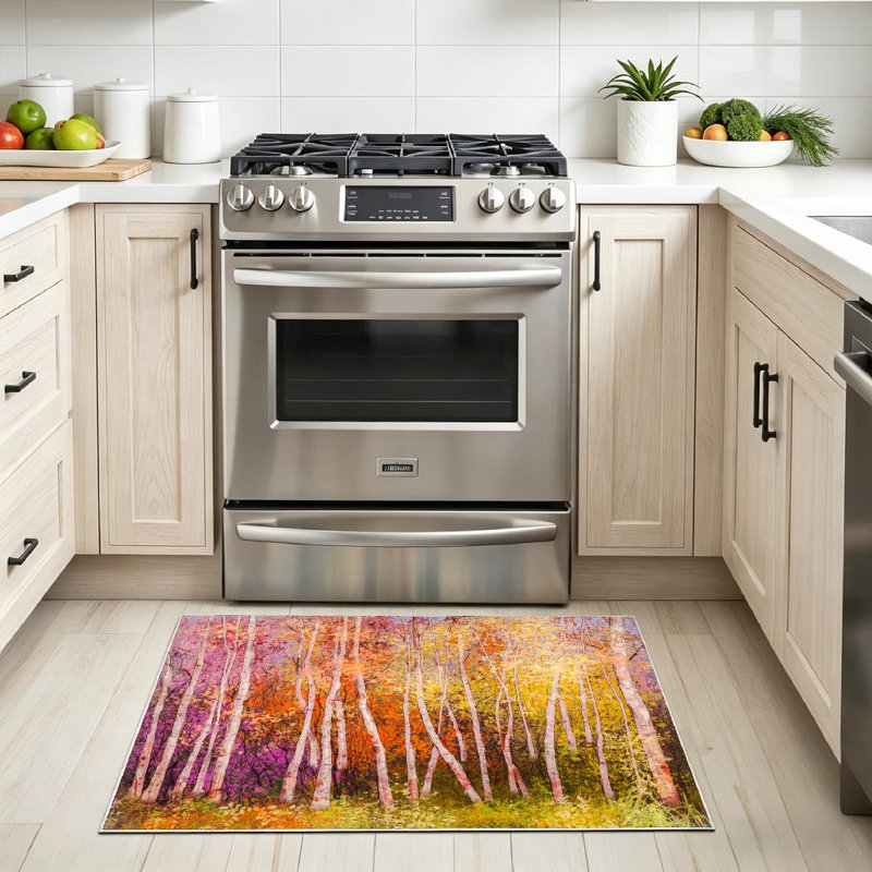 Orange Oil Painting Landscape Colorful Autumn Trees Abstract Forest Aspen Machine Washable Indoor Area Rug