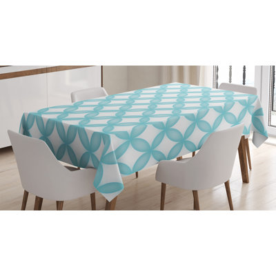 Ambesonne Turquoise Tablecloth, Geometric Circle Round Oriental Traditional Moroccan Style Simple Pattern Print, Rectangular Table Cover For Dining Room Kitchen Decor, 52" X 70", White Blue