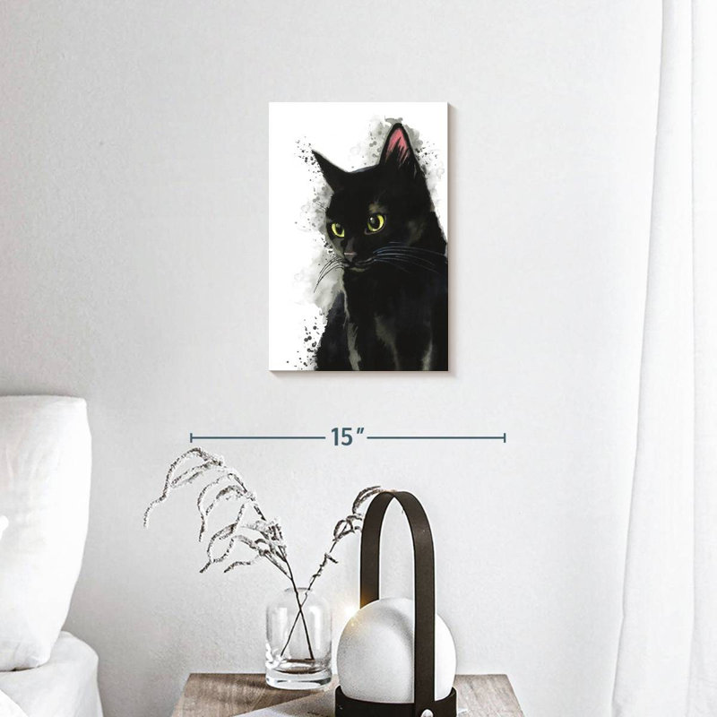 Simple chat noir sur toile, H 12 po x l 8 po x P 1 po