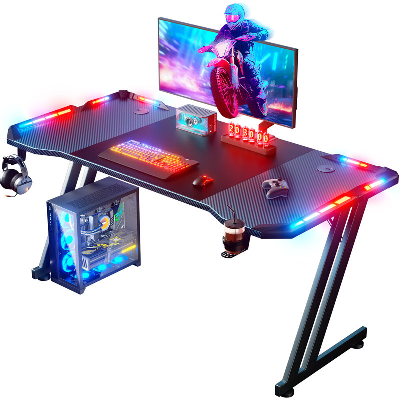 Gaming Desk with LED Lights, Computer Gaming Table, Sturdy PC Desk for Home Office, Gamer Table with Headphone Hook and Cup Holder, Black