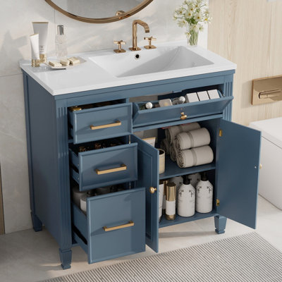 Meuble-lavabo de 36 po avec lavabo en céramique, tablette réglable et tiroirs Koda