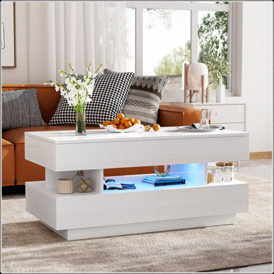 Table basse à plateau relevable avec 2 tiroirs, table basse moderne avec compartiment dissimulé adéquat, table basse à plateau relevable multifonctionnel avec finition ultrabrillante pour le salon