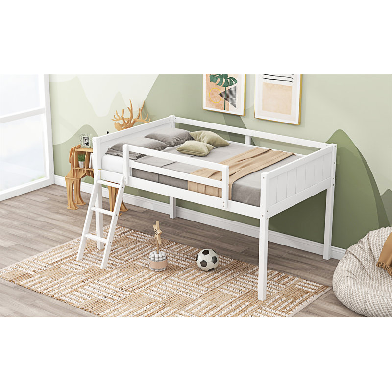 Lit mezzanine en bois avec échelle, Simple, Blanc