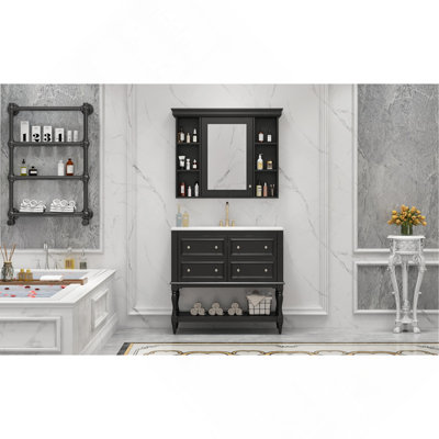 Meuble-lavabo 36 po avec armoire à pharmacie, armoire à miroir moderne avec tablette réglable, armoire de rangement pour salle de bain avec 4 tiroirs, armoire de rangement avec cadre en bois massif
