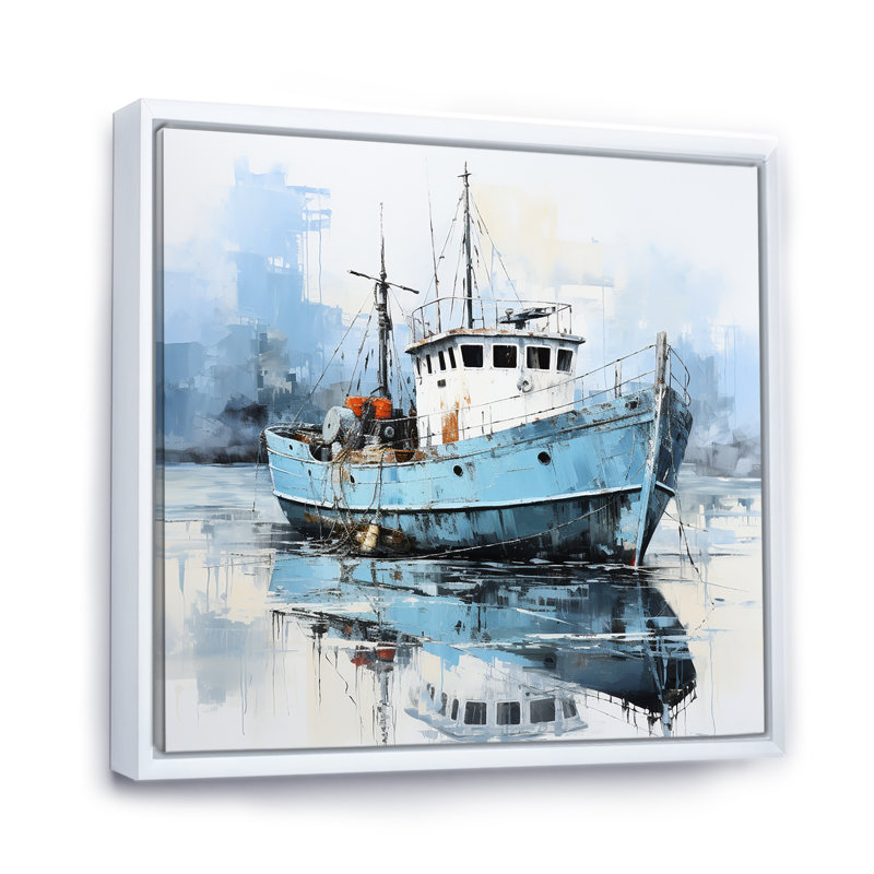 Bateau de pêche bleu et blanc III sur toile, H 30 po x l 30 po x P 1 po, Cadre flottant blanc