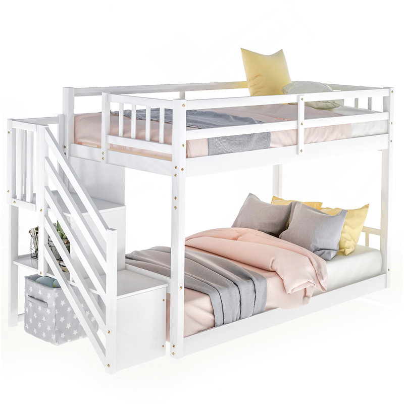 Lit superposé simple au-dessus d'un lit simple, échelle avec rangement, blanc