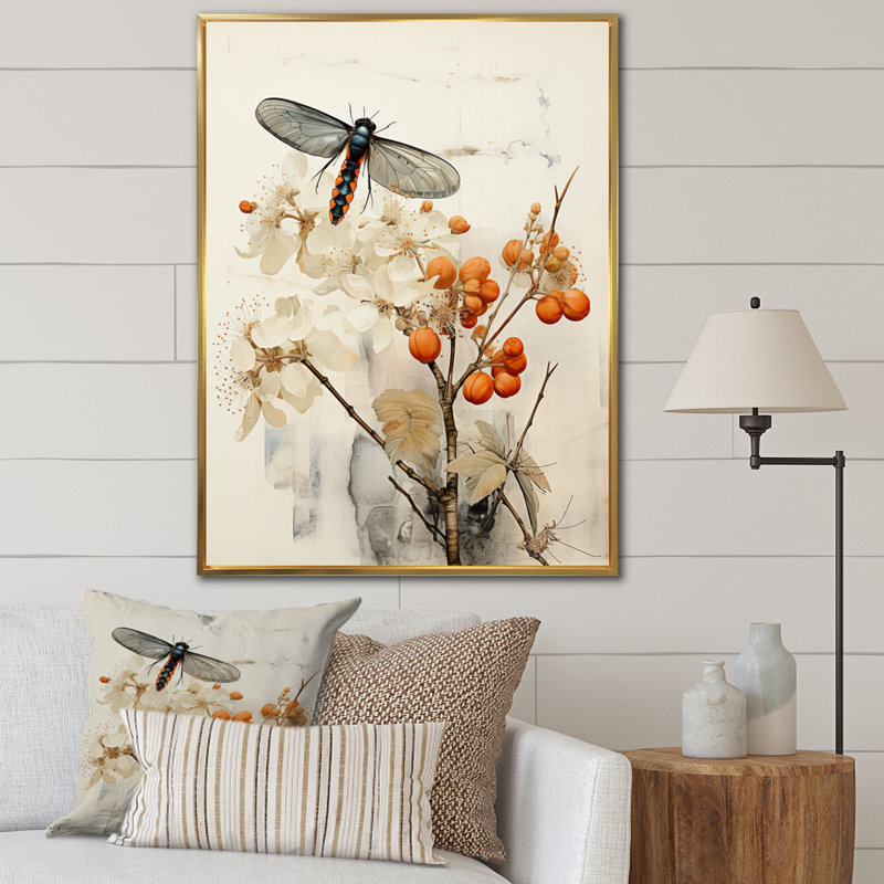 Marfak Asian Art Insectes, corail sur toile, Cadre flottant doré, H 44 po x l 34 po x P 1,5 po