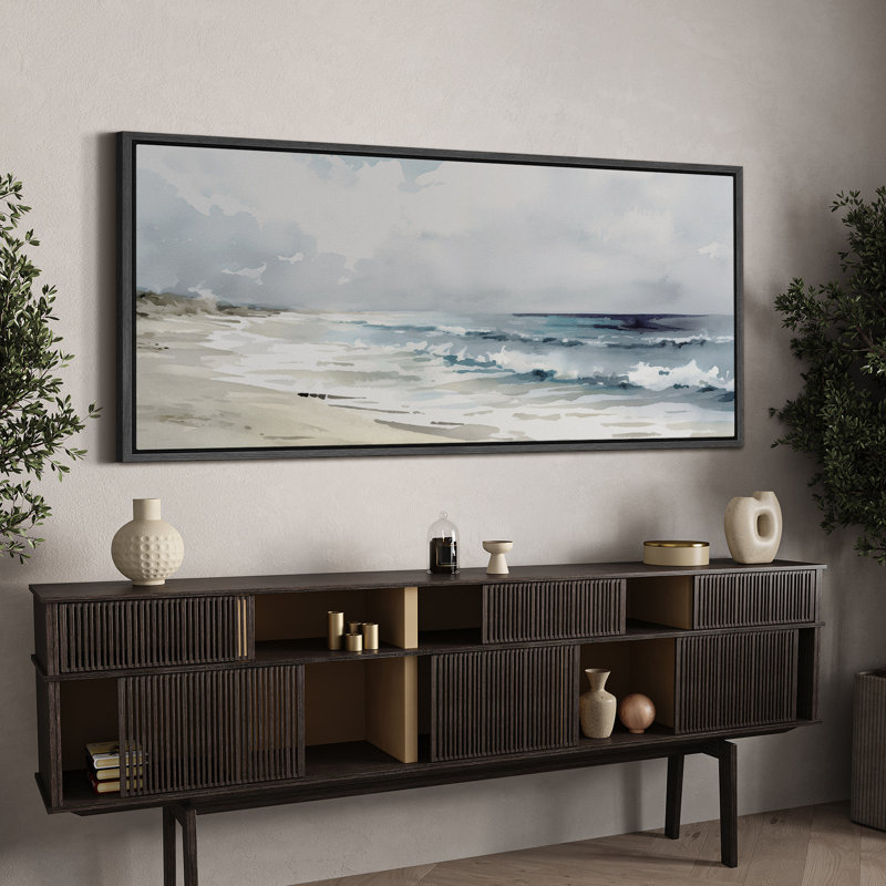 «Coastal Beach Serene Beach Watercolor Coastal Landscape», reproduction d'art sur toile, H 30 po x l 60 po, Noir