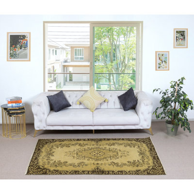 Tapis turc rétro 3,6 x 7,2 pi de couleur jaune pour des intérieurs modernes