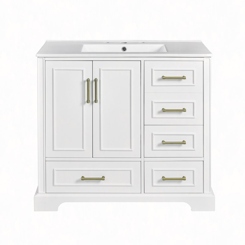 Meuble-lavabo traditionnel 36 po avec lavabo en céramique, armoire de salle de bain avec deux portes à fermeture douce et quatre tiroirs