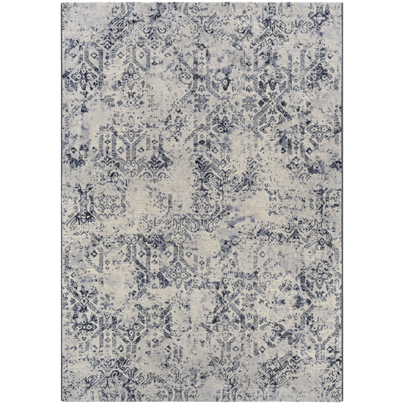 Williston Forge Brickley Floral Oyster Denim Blue Performance Area Rug, Rectangle 9'2" x 12'5"