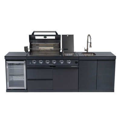 Îlot de barbecue à gaz 46 pouces à 4 brûleurs, 72 000 BTU, acier inoxydable de qualité marine 304 avec réfrigérateur intégré, ensemble de rôtisserie et granit noir