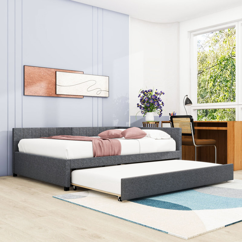 Yasmir Upholstered Sofa Daybed with Trundle, Full, Gray