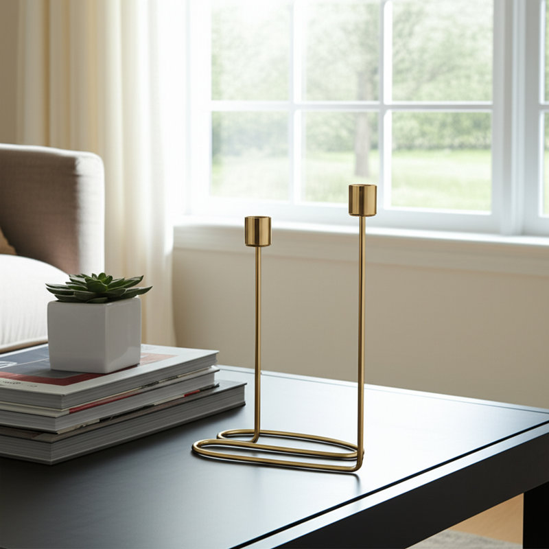 Modern Wire Double Taper Candle Holder – Minimalist Decorative Accent for Dining Table or Shelf, 8", Gold