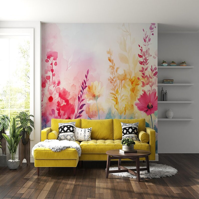 Aquarelle jardin de fleurs sauvages en fleurs, L 108 po x l 96 po