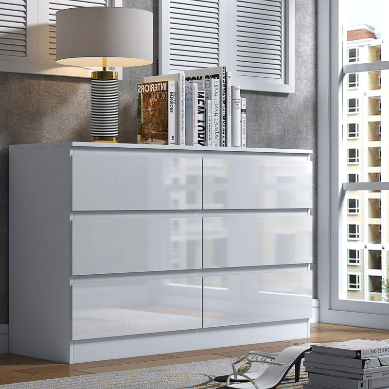 FWStyle Stipes 6 Drawer Wide 3+3 Chest Of Drawers - White Gloss Front